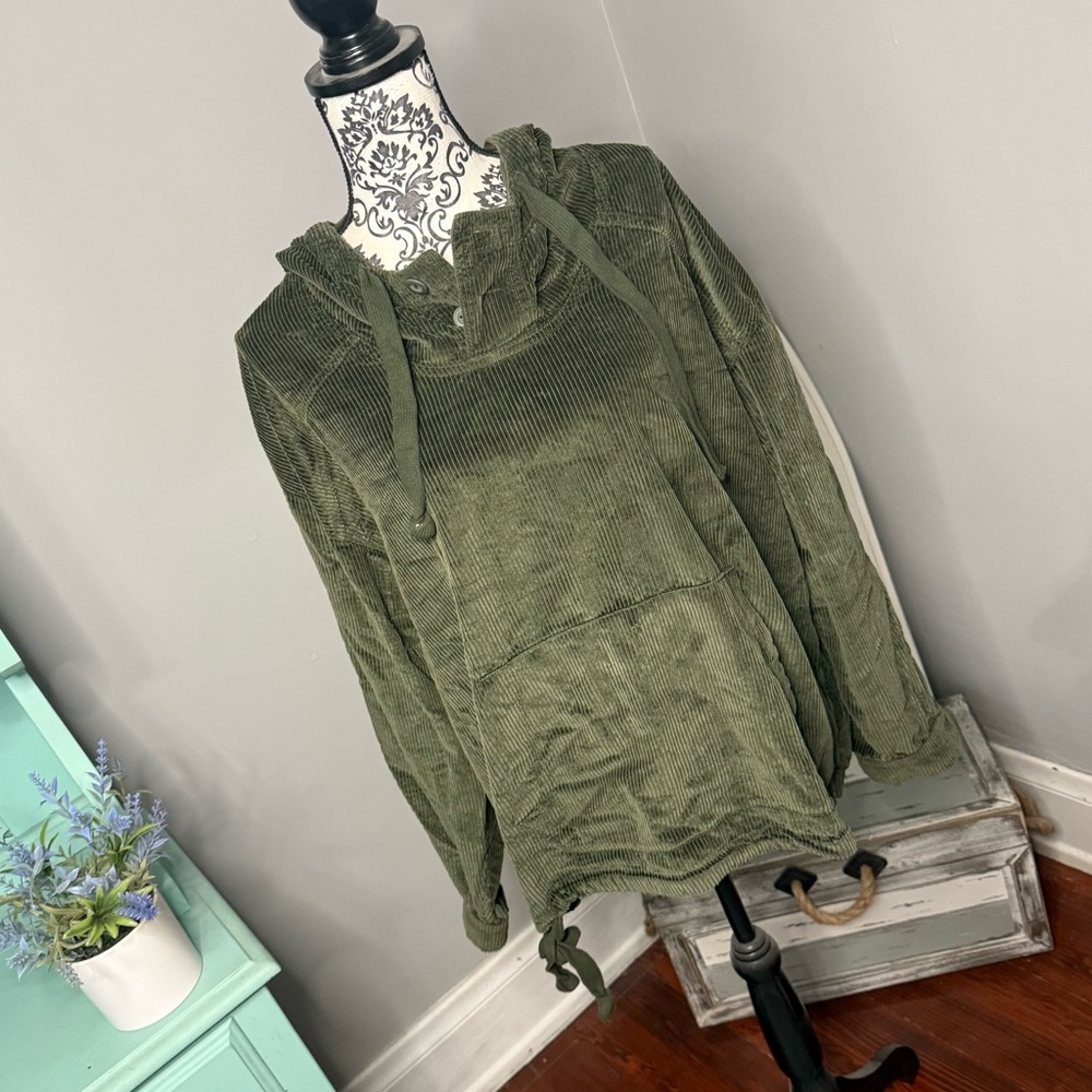 American Eagle Ribbed Henley Pullover Hoodie Size XL Green Loungewear Cozy